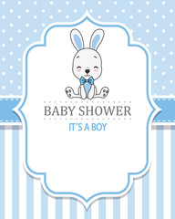 Baby shower card. Cute rabbit with bow tie