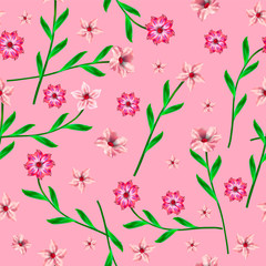 Beautiful floral seamless pattern on pink background. Packaging material or textile.