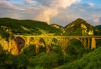 rainbow over the famous bridge over the canyon of the Tara river, Montenegro