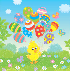 Easter Chick with colorful balloons on a green lawn among flowers on a sunny spring day, vector illustration in a cartoon style
