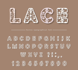 Paper cut out filigree decorative font. Laser cutting. Lacy ornate ABC letters and numbers. For wedding design. Vector