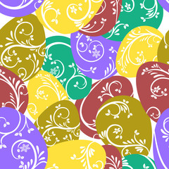 Seamless pattern. Multicolored eggs with a beautiful elegant pattern.  Bright design for Easter holiday, wrapping paper, cards, eco products.