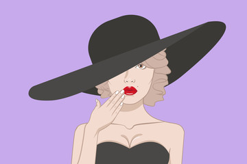 Girl touched her hand to her lips. The lady in a hat with a wide brim. Picture of a sexy girl with red lips and a deep neckline. Comics vector illustration