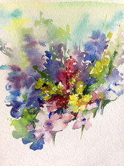 Abstract bright colored decorative background . Floral pattern handmade . Beautiful tender romantic spring bouquet of flowers , made in the technique of watercolors from nature.