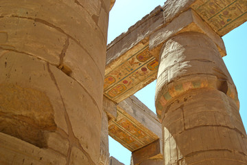 Ruins of the Temple of Karnak. Columns close view.