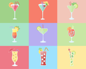 Alcohol cocktails icon set in flat design style.