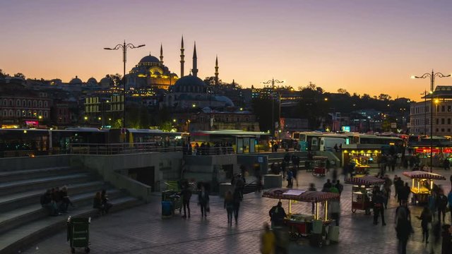 People in Eminonu Bazaar day to night time lapse in Istanbul, Turkey
