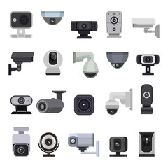Security camera vector cctv control safety video protection technology system illustration set of privacy secure guard equipment webcam digital device isolated on white background
