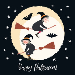 Hand drawn vector illustration of witches flying on broomsticks in the night sky with bats, moon, lettering quote Happy Halloween. Flat style design. Concept, element for card, banner, kids print.