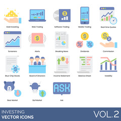 Investing icons including gold, web trading, software, mobile, real-time quotes, screeners, alerts, breaking news, dividends, commission, blue-chip, board of directors, income statement.