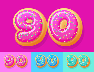 Vector tasty Donut Alphabet set. Font with different Colors option. Number 90