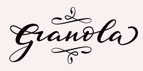 Granola - hand lettering with flourish elements. Black inscription on light background. Vector illustration.