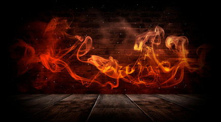 Dark empty room with brick walls and neon lights, smoke, rays. Brick wall, concrete and wooden table.