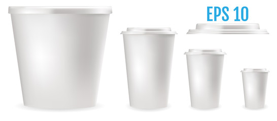 White plastic cups for food, cold and hot drinks.