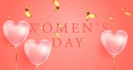 coral color background, beautiful realistic 3D balloons in the shape of a heart and confetti, a voucher, advertising discounts, a website banner for women's day. 8 march illustration