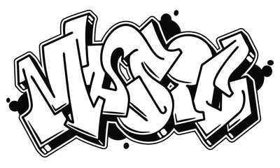 Fototapeta premium Music vector word in readable graffiti style. Only black line isolated on white background.