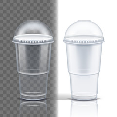 Plastic Cup Transparent Vector. Juice Drink. Drink Mug. Disposable Tableware Clear Empty Container. Cold Or Hot Takeaway Drink. Isolated 3D Realistic Illustration
