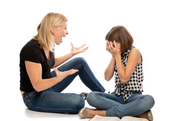 Mom screaming at teen daughter, isolated on white background