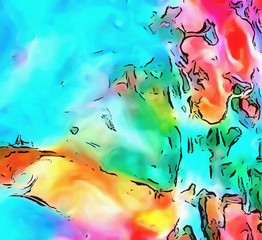 Abstract acrylic background. Watercolor texture. Psychedelic crazy art. Unusual design pattern. Warm and very bright colors. Cartoon and soft blurred elements. Artistic graphic artwork.