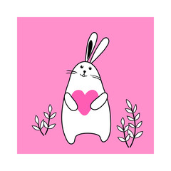 easter card with white cute rabbit bunny on pink background with heart