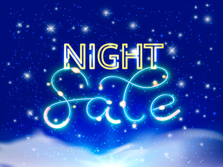 Night sale neon lettering. Evening sky. Vector illustration.