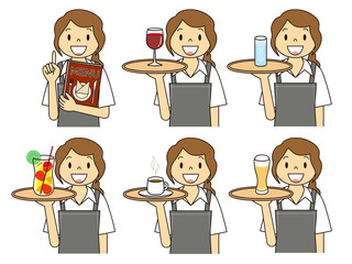メニューを持つウェイトレスと5種類のドリンクのセット