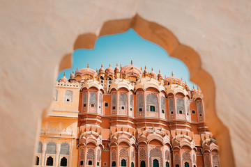 Inside of the Hawa Mahal or The palace of winds at Jaipur India. It is constructed of red and pink...