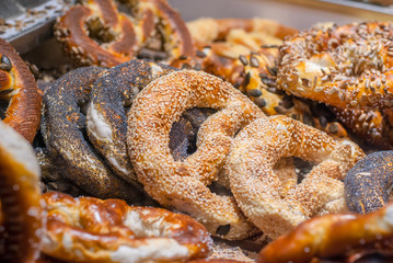 baked bretzels on the counter of the baker, close-up