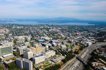 Fototapeta na wymiar Seattle, USA, August 31, 2018: Aerial view of the Seattle downtown city centre skyline.