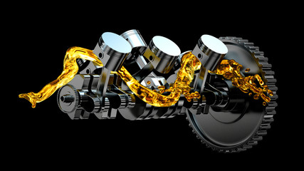 Fototapeta 3d illustration of engine. Motor parts as crankshaft, pistons with motor oil splash obraz