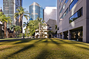 Large green lawn covered by city buildings and trees