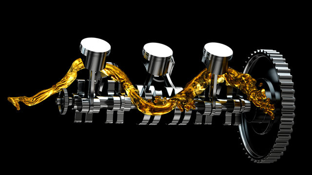 3d Illustration Of Engine. Motor Parts As Crankshaft, Pistons With Motor Oil Splash