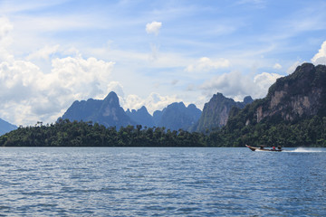 boat on a mountain lake in thailand