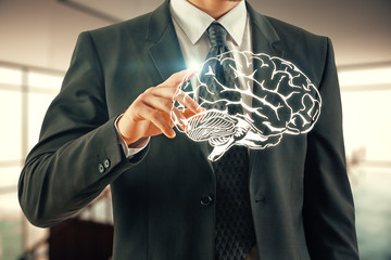 double exposure of human brain sketch and man hand. Brainstorming concept.