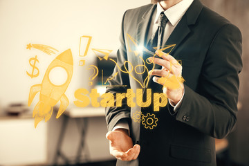 Business scheme concept, startup double exposure background.