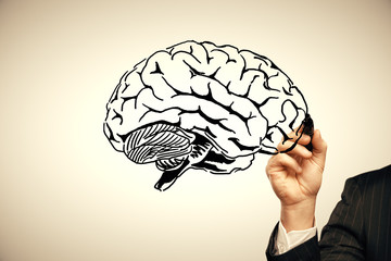 double exposure of human brain sketch and man hand. Brainstorming concept.