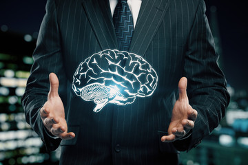 double exposure of human brain sketch and man hand. Brainstorming concept.