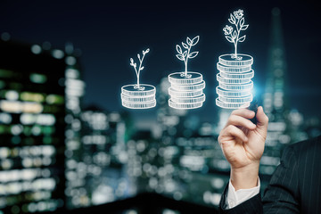 Double exposure with growth coins columns and man hand. Concept of success savings and capital.