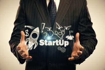 Business scheme concept, startup double exposure background.