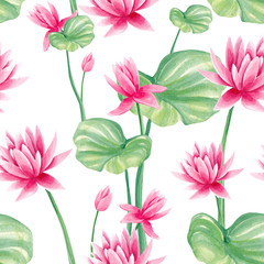 Seamless pattern with lotus flowers. Hand drawn watercolor illustration