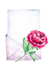 Hand drawn watercolor envelope with peony flower