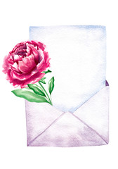 Hand drawn watercolor envelope with peony flower isolated on white background
