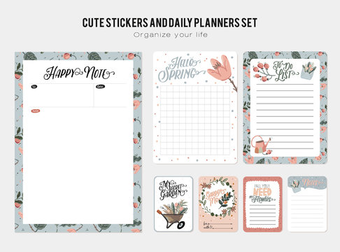 Set of planners and to do lists with spring floral scandinavian illustrations and trendy lettering. Template for agenda, planners, check lists, and other stationery. Isolated. Vector background