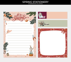 Set of planners and to do lists with spring floral scandinavian illustrations and trendy lettering. Template for agenda, planners, check lists, and other stationery. Isolated. Vector background