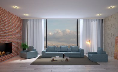 Room with large windows and a blue sofa against the background of brick walls.. 3D rendering