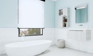 Fototapeta na wymiar Blue bathroom with modern furniture and decorative tiles. 3D rendering. Mockup