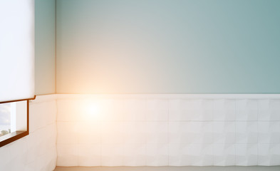 Empty bathroom interior with blue walls and white tiles. 3D rendering. Mockup. Sunset