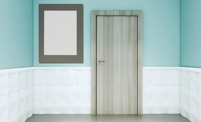 Fototapeta na wymiar Empty interior in blue tones with white tiles on the walls. Gray doors. Bathroom.. 3D rendering. Mockup. Blank paintings.