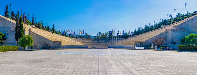 Panoramic view of the Panathenaic stadium (Kalimarmaro) in the city of Athens in Greece