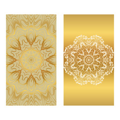 Card Template With Floral Mandala Pattern. Business Card For Fitness Center, Sport Emblem, Meditation Class. Vector Illustration. Gold color